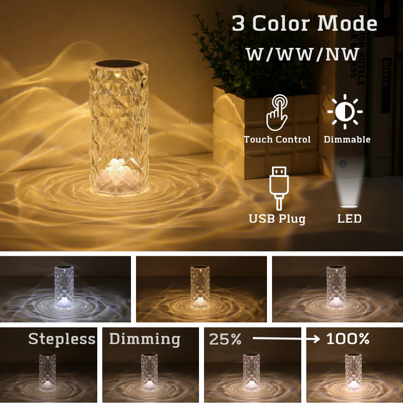Crystal Table Lamp for Bedroom 16 Colors Touch/Remote Dimmable Night Light USB LED Bedside Diamond Rose Lamp